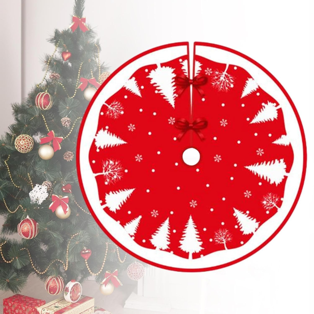 Covoras pentru Bradul de Craciun, din Tesatura Pufoasa, cu Fundite de Prindere, Model Brazi, Rosu/Alb, Diametru 90 cm [7]