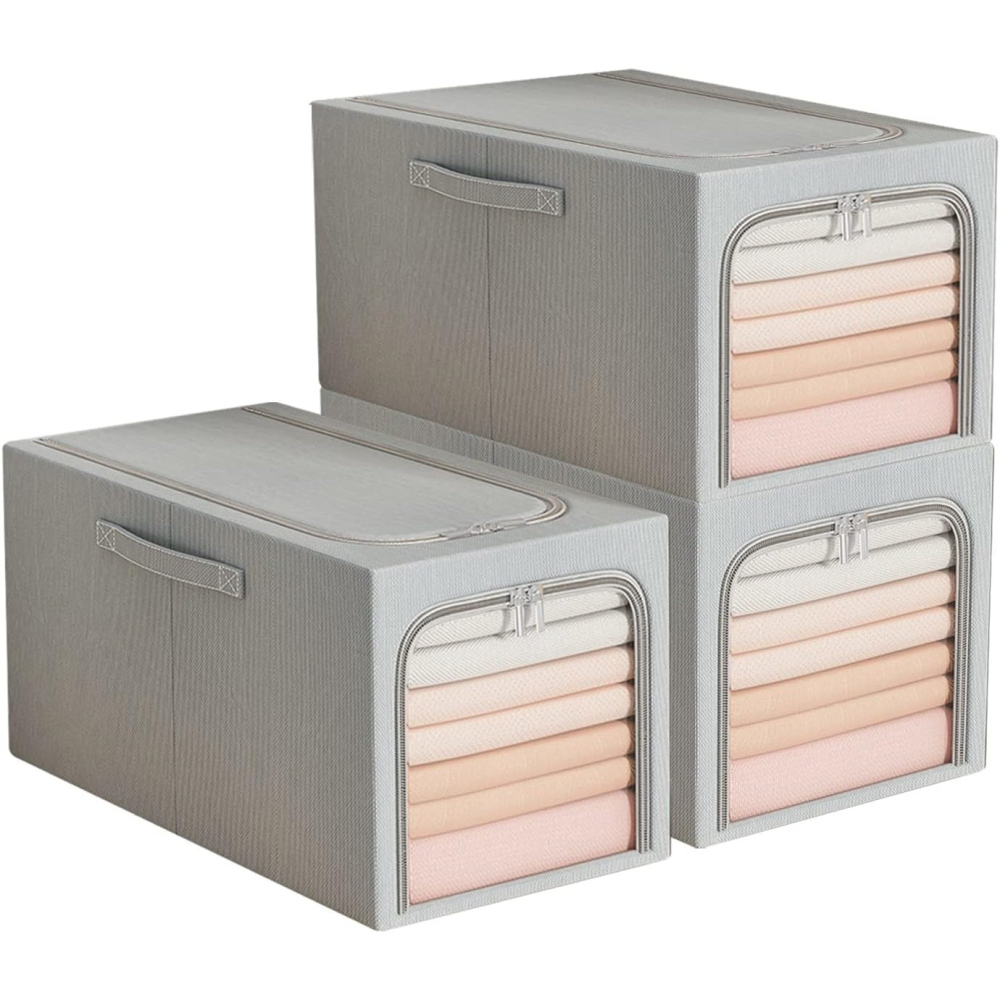 Cutie de Depozitare, 49L, din In si Bumbac, Pliabila, Cadru din Otel, 47 x 35 x 30 cm, Albastru Fumuriu [3]