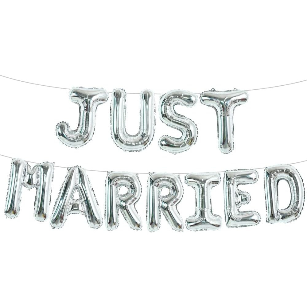 Set Baloane din Folie Metalizata, Model Just Married, Litere de 40 cm, Baloane Party, Ambalaj Individual, Pai, Ata si Adeziv Incluse, Umflare cu Aer sau Heliu, Argintiu [8]