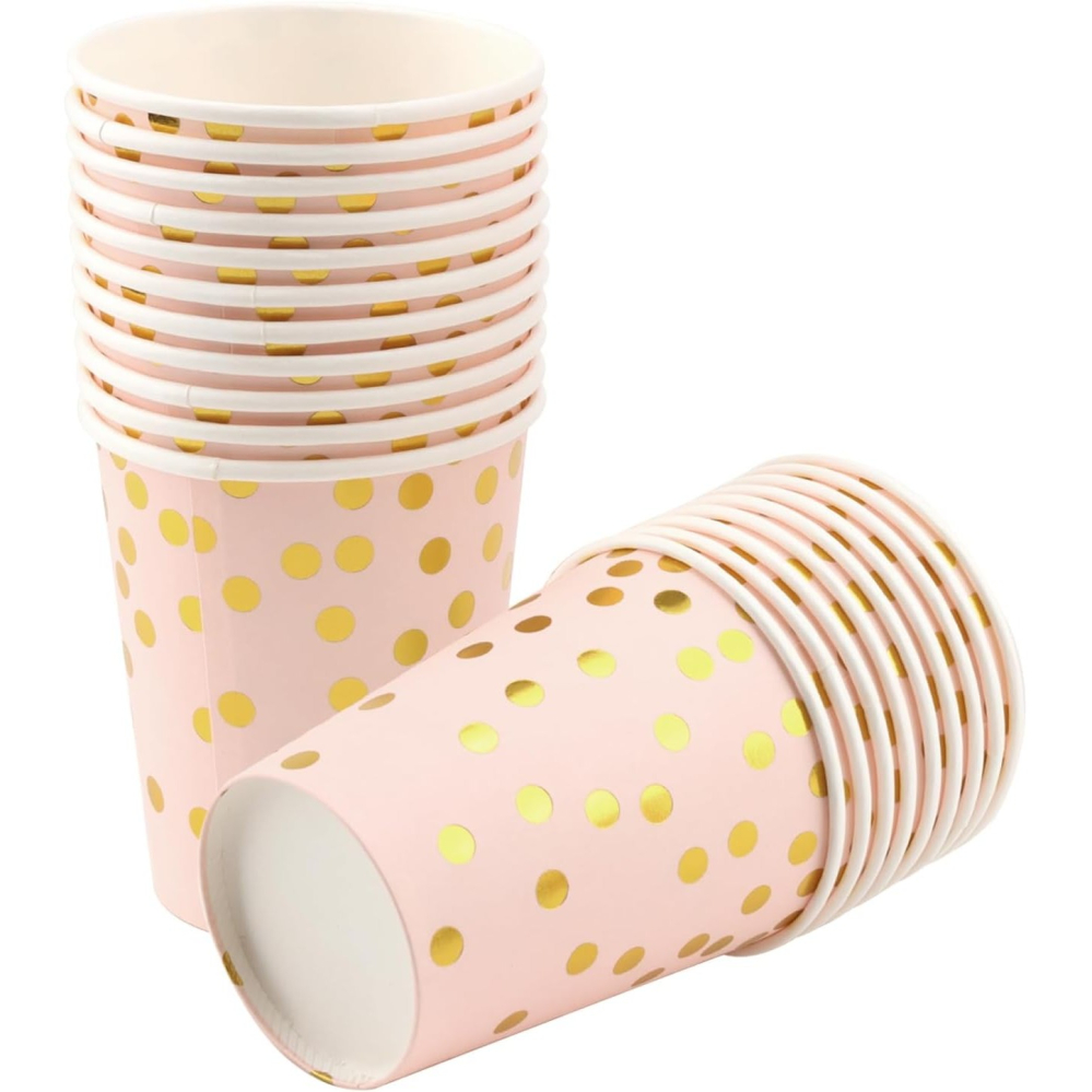 Set 10 Pahare, Imprimeu cu Buline, din Carton, 250 ml, 7.5 x 8.5 x 5.2 cm, Roz/Auriu [5]