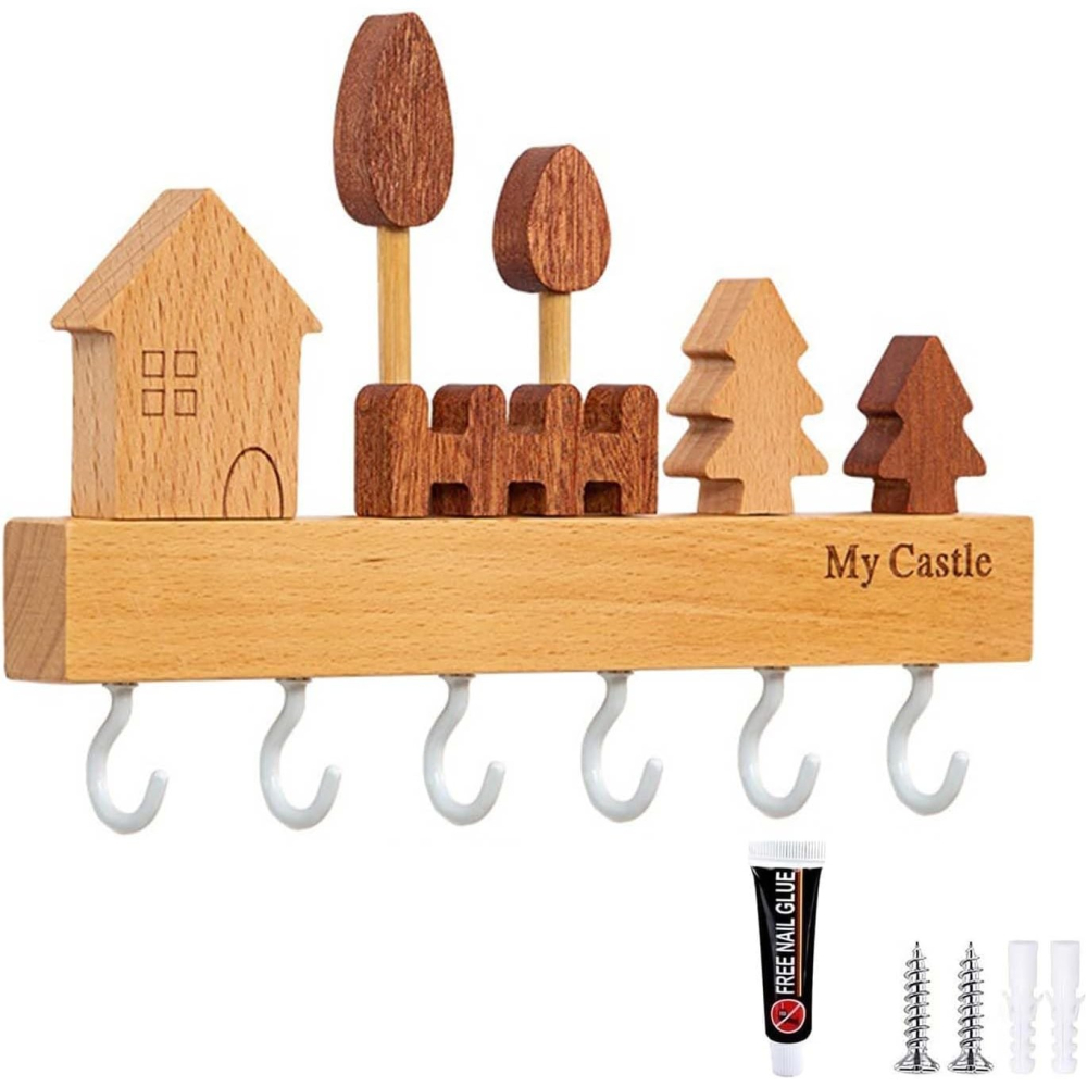 Suport pentru Chei, din Lemn, Aplicare fara Perforare, Adeziv Inclus, 6 Carlige Albe, Model Casuta, Greutate Suportata 5 kg, 14.5 x 2 x 22.5 cm, Maro [4]