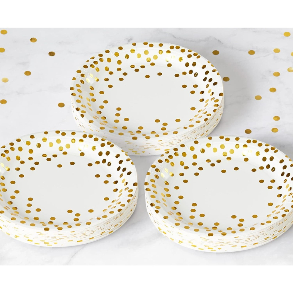 Set 10 Farfurii Unica Folosinta, Imprimeu cu Buline, din Carton, Diametru 18 cm, Alb/Auriu [2]