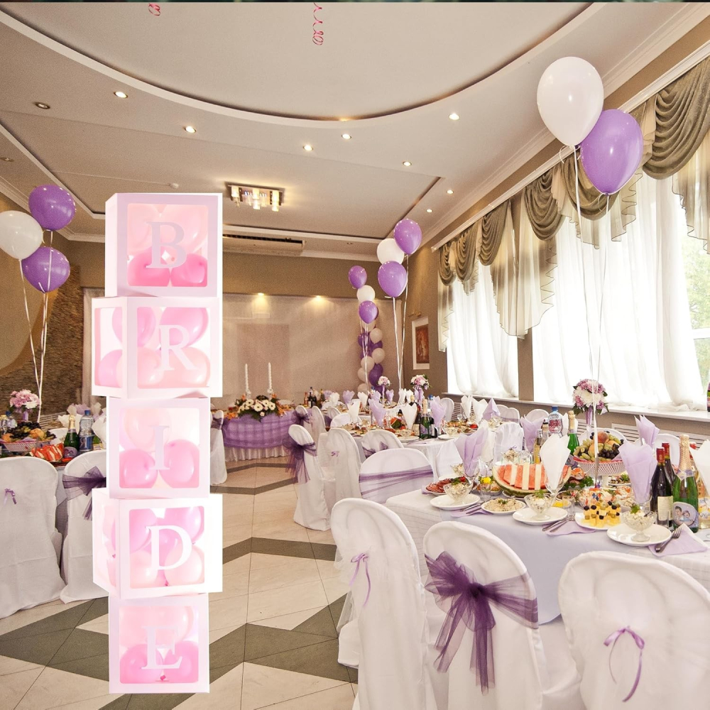 Set 5 Cutii pentru Baloane, Model Scris Bride, Tematica Nunta, Cuburi Decorative din Plastic, Accesorii pentru Petrecere, 30 x30 cm, Transparente Contur Alb [3]