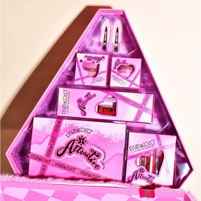 Set de Machiaj din 6 Piese Kevin&amp;Coco, Farduri de Pleoape, Iluminator, Lip Gloss-uri, Creioane de Buze, Blush, Agrafe, Model Atractive, 35x33x10.5 cm, Multicolor [4]