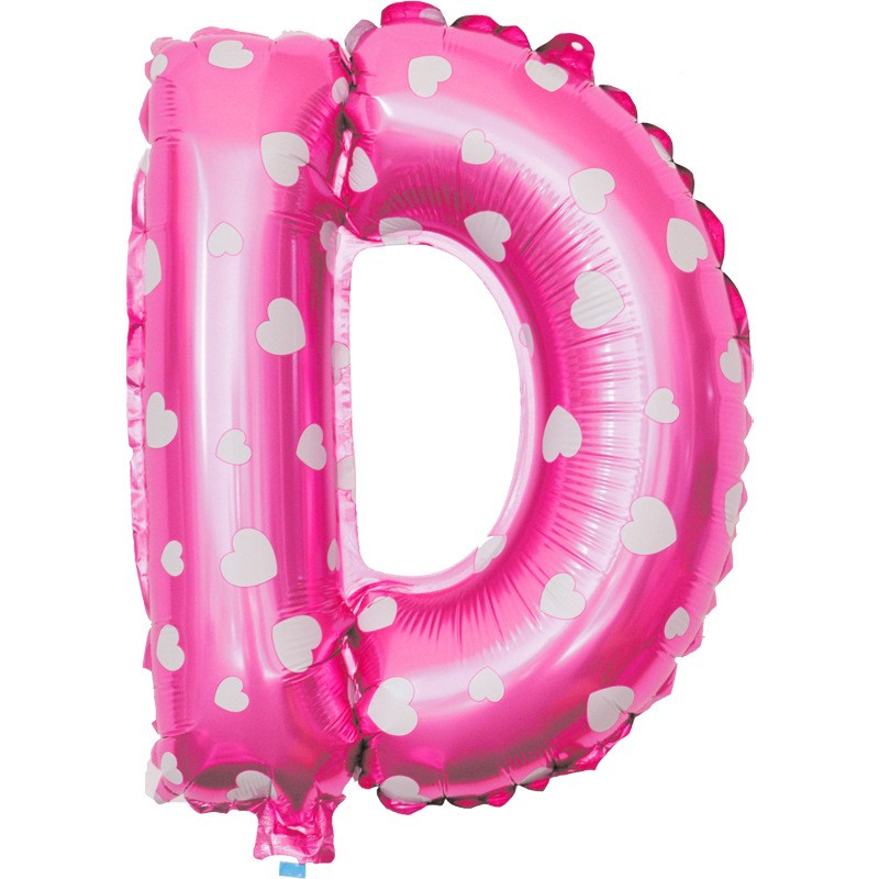 Balon Folie Metalizata Litera D, 40 cm, Cu Imprimeu Inimioare, Umflati cu Heliu sau Aer, Ambalaj Individual, Pai inclus, Roz [3]