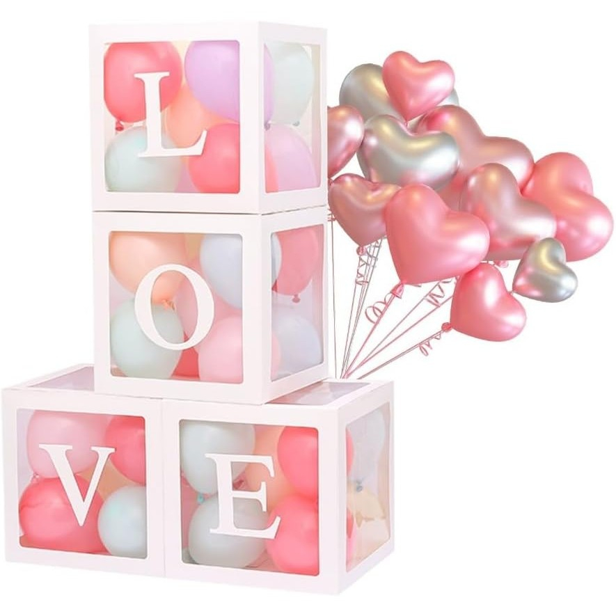 Set 4 Cutii pentru Baloane, Model Scris Love, Tematica Iubire, Cuburi Decorative din Plastic, Accesorii pentru Petrecere, 30 x30 cm, Transparente Contur Alb [8]