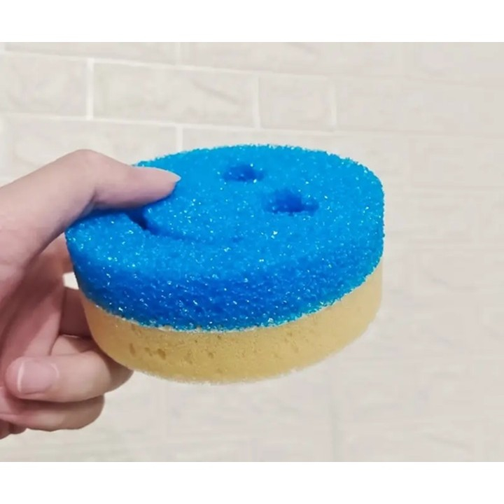 Burete de Vase, Rotund, din Burete PU, Model Smiley Face, Doua Fete, 10 x 4 cm, Galben/Albastru [2]