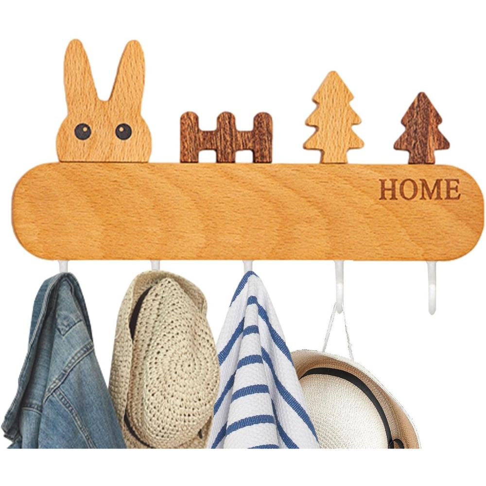 Suport pentru Chei, din Lemn, Aplicare fara Perforare, Adeziv Inclus, 5 Carlige Albe, Model Iepure, Greutate Suportata 5 kg, 13.5 x 22 cm, Maro [5]