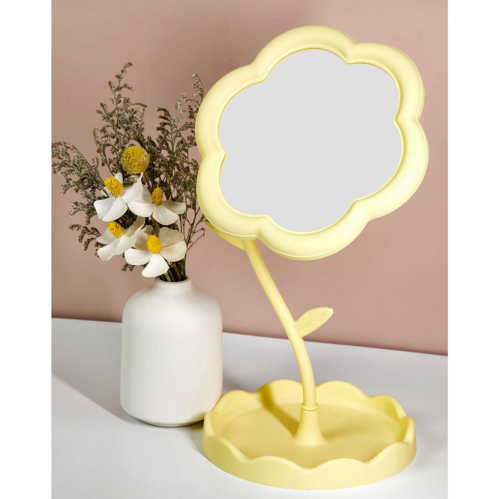 Oglind? de Machiaj pentru Birou, Rotativ?, Detasabil?, Model de Floarea Soarelui, Suport pentru Inele, cu Depozitare, Galbena [7]