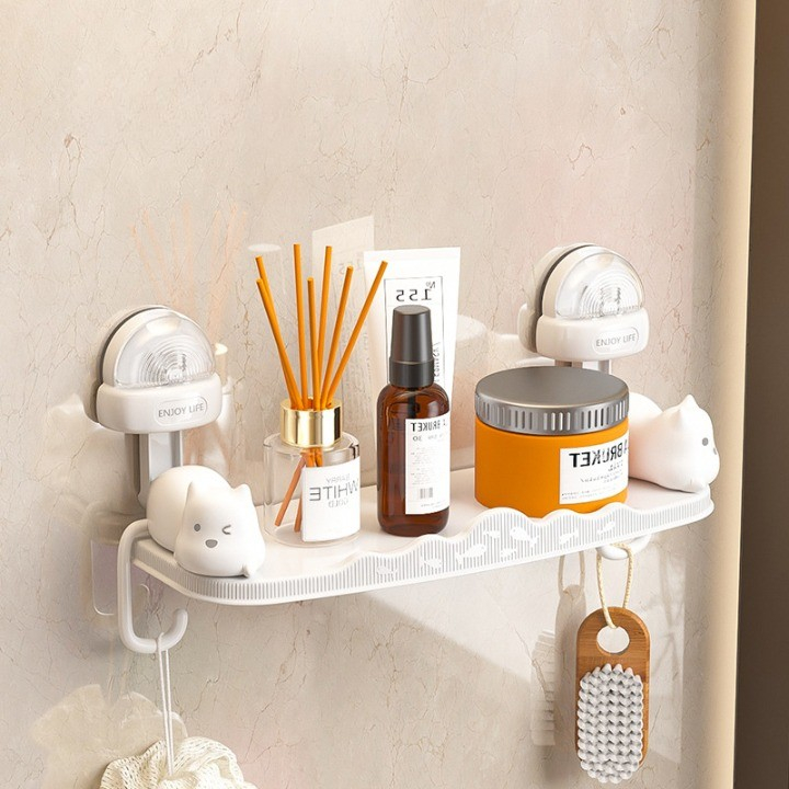 Suport pentru Baie, Montare pe Perete, Model Pisicute, ABS, Adeziv, Raft pentru Depozitare, 33.4x17.7 cm, Alb [3]