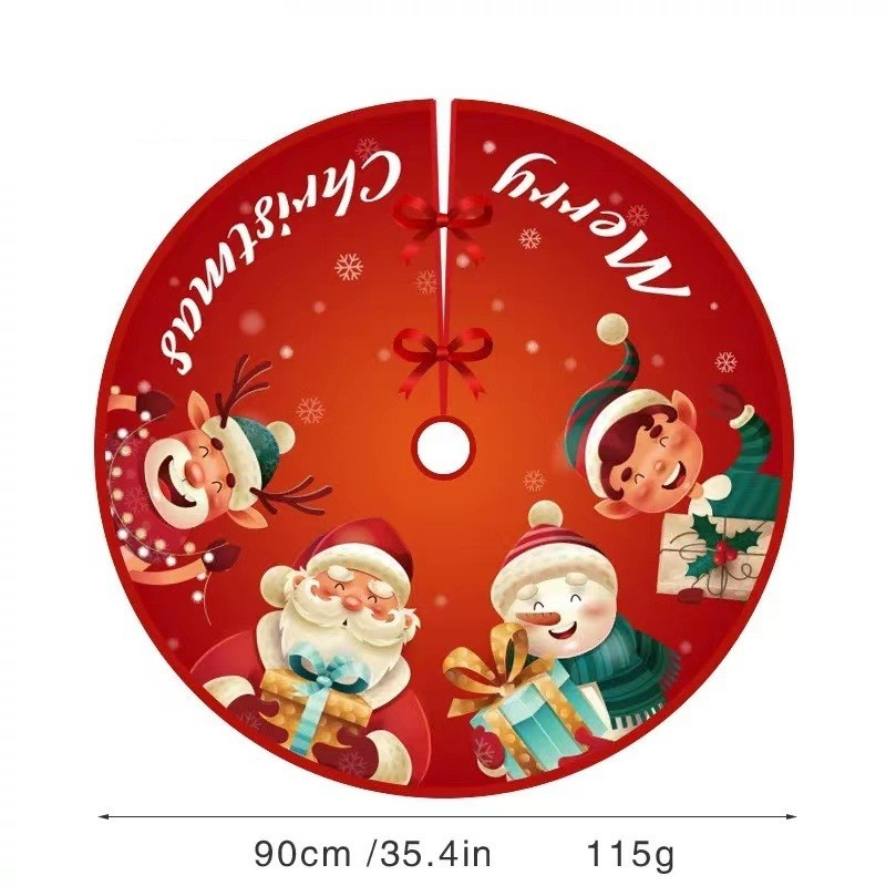 Covoras pentru Bradul de Craciun, din Tesatura Pufoasa, cu Fundite de Prindere, Model Mos Craciun si Ajutoarele, Rosu, Diametru 90 cm [5]