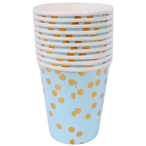 Set 10 Pahare, Imprimeu cu Buline, din Carton, 250 ml, 7.5 x 8.5 x 5.2 cm, Albastru/Auriu [3]