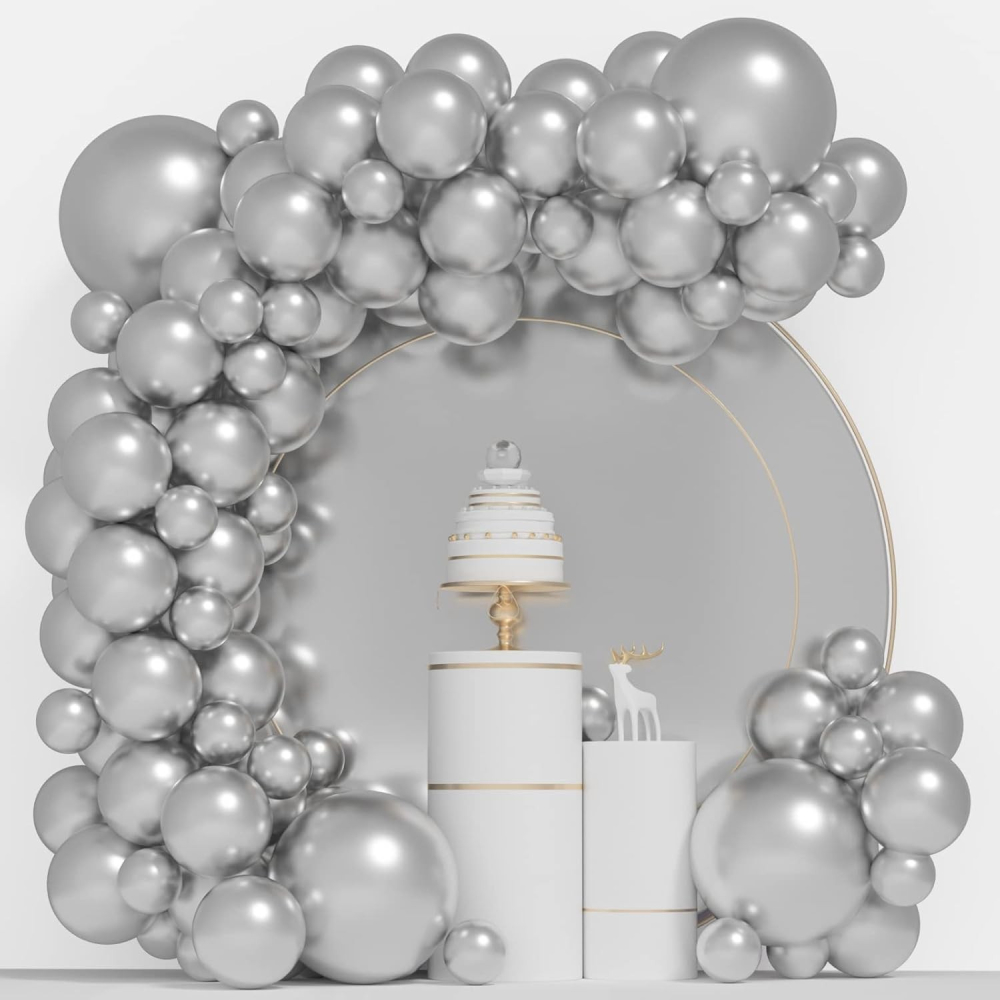 Set 10 Baloane din Latex Metalizate, Model Party, Alb, Argintiu, 23 cm, 2.2 g [3]