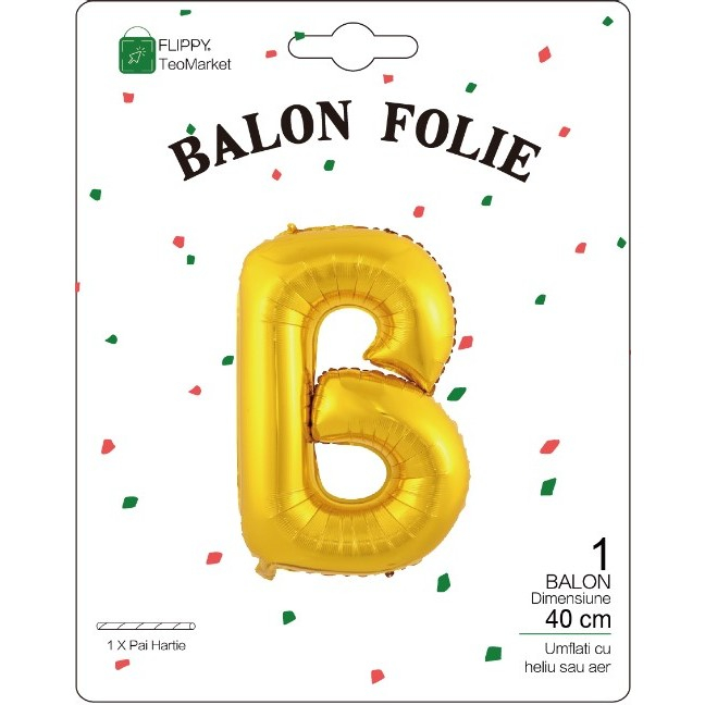 Balon Folie Metalizata Litera B, 40 cm, Umflati cu Heliu sau Aer, Ambalaj Individual, Pai inclus, Auriu [2]