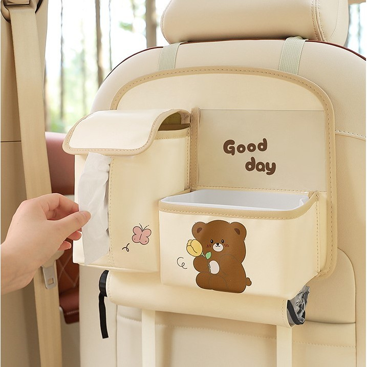 Geanta Multifunctionala de Depozitare, pentru Bancheta din Spate a Masinii, Animat, Model Ursuleti, Scris Good Day, Suport Servetele si Telefon, 25x31 cm, Bej [5]