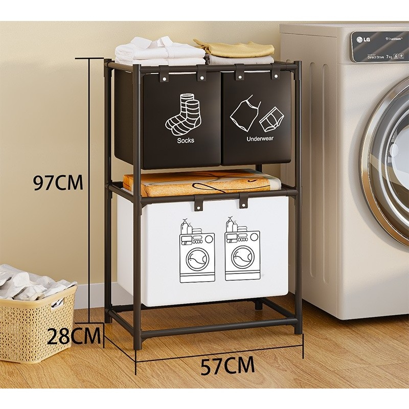 Cos de Rufe, cu 2 Etaje, 3 Cosuri, Cadru de Otel Inoxidabil, 97x28x57 cm, Negru [2]