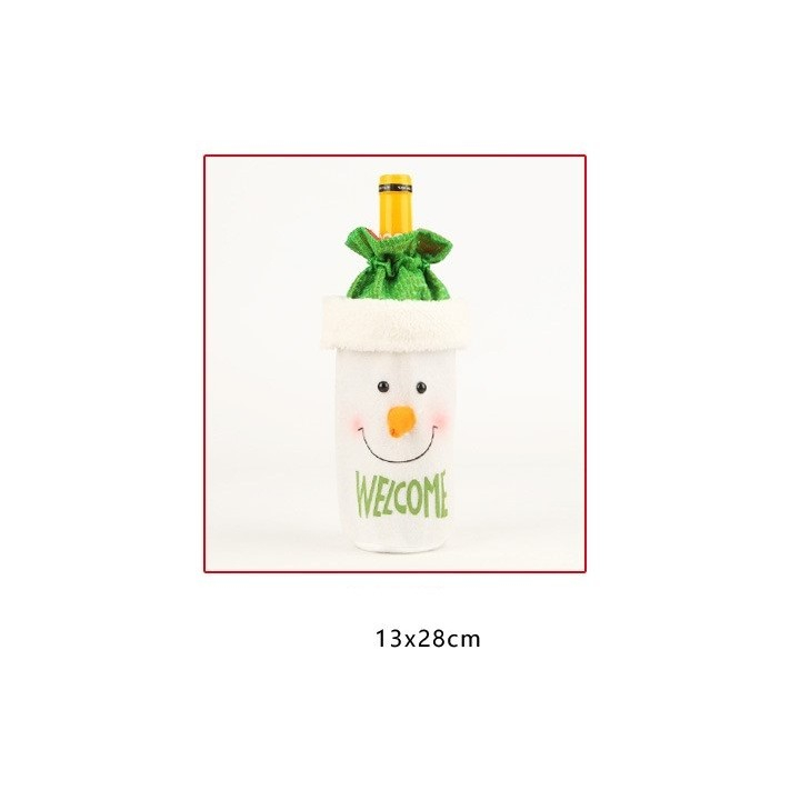 Saculet de Craciun pentru Sticla de Bautura, Model Om de Zapada Accesorizat, Tematica Petrecere de Craciun, Marime Universala, 13x28 cm, Verde [6]