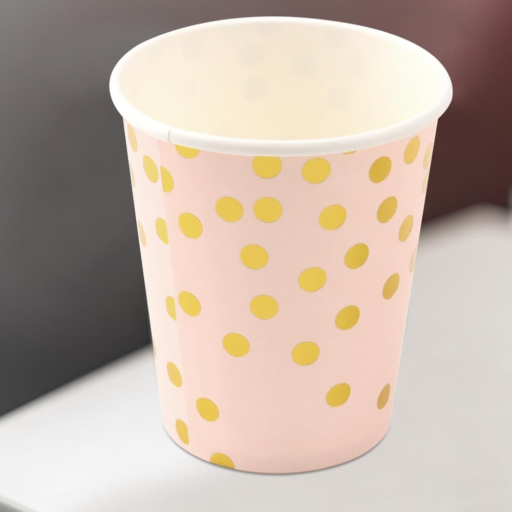 Set 10 Pahare, Imprimeu cu Buline, din Carton, 250 ml, 7.5 x 8.5 x 5.2 cm, Roz/Auriu [4]