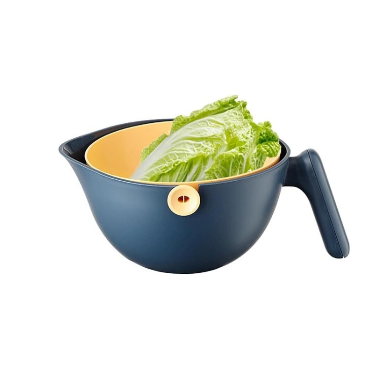 Bol cu Doua Straturi, pentru Fructe, Legume, cu Cos de Scurgere a Apei, 2L, din ABS+PP, 29.9 x 22.5 x 11.8 cm, Albastru-Portocaliu [2]