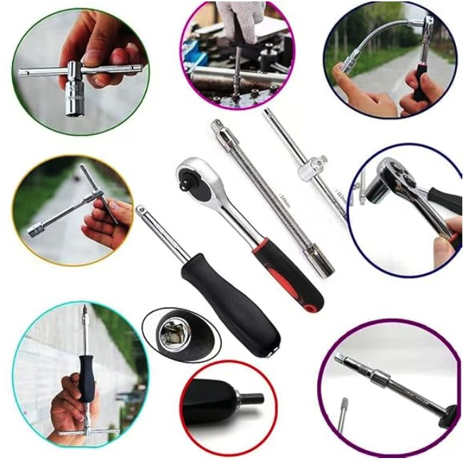 Chei tubulare Set 46 de Piese, Trusa Scule de Reparatii Auto, Prelungitoare Rigid si Flexibil, Articulatie Cardanica, Antrenor de Forta Glisant, Adaptoare, Maner pentru Surubelnita, 23 x 12 x 4 cm, 1.9 kg, Cutie Rosie [6]