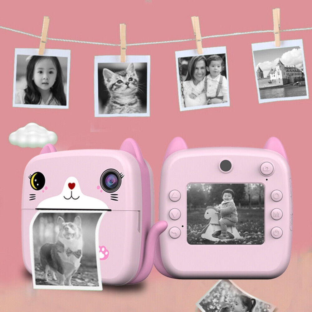 Camera Instantanee pentru Copii, cu Functie de Printare, Camera Frontala + Selfie, Cablu USB-C, Bluetooth, Compatibil iOS/Android, Imprimare APP, Model Pisica, Roz [5]