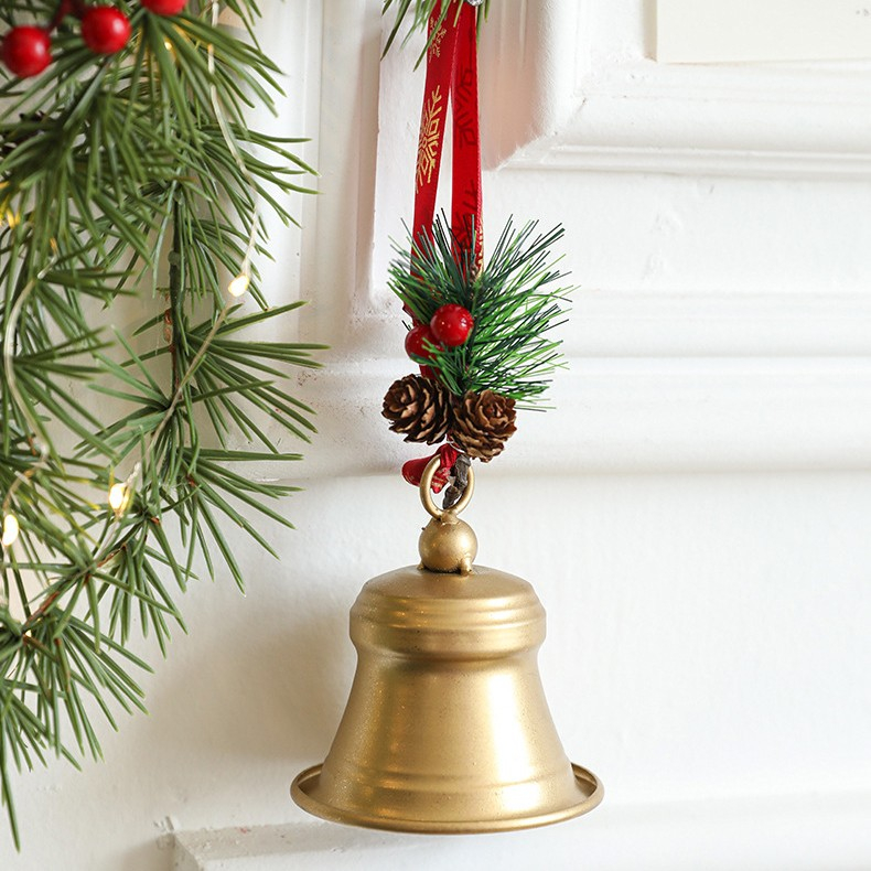 Clopot decorativ pentru Brad Craciun, Clopot din Metal cu Funda si Crenguta de Brad pentru Decoratiune de Craciun, 10 x 8 x 8 cm, Auriu [4]