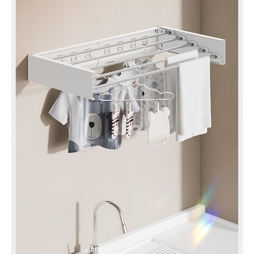 Suport Haine, Depozitare si Uscare Rufe, din Aluminiu, Pliabil, Impermeabil, Montare prin Perforare, 80 cm, Alb [3]