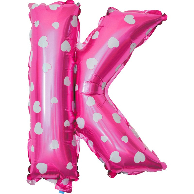 Balon Folie Metalizata Litera K, 40 cm, Cu Imprimeu Inimioare, Umflati cu Heliu sau Aer, Ambalaj Individual, Pai inclus, Roz [3]