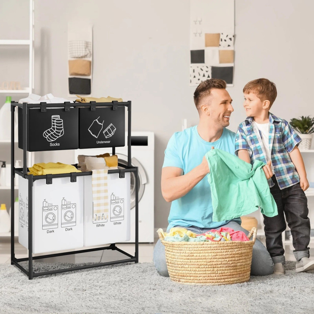 Cos de Rufe, cu 2 Etaje, 4 Cosuri, Cadru de Otel Inoxidabil, 97x44x57 cm, Negru [2]