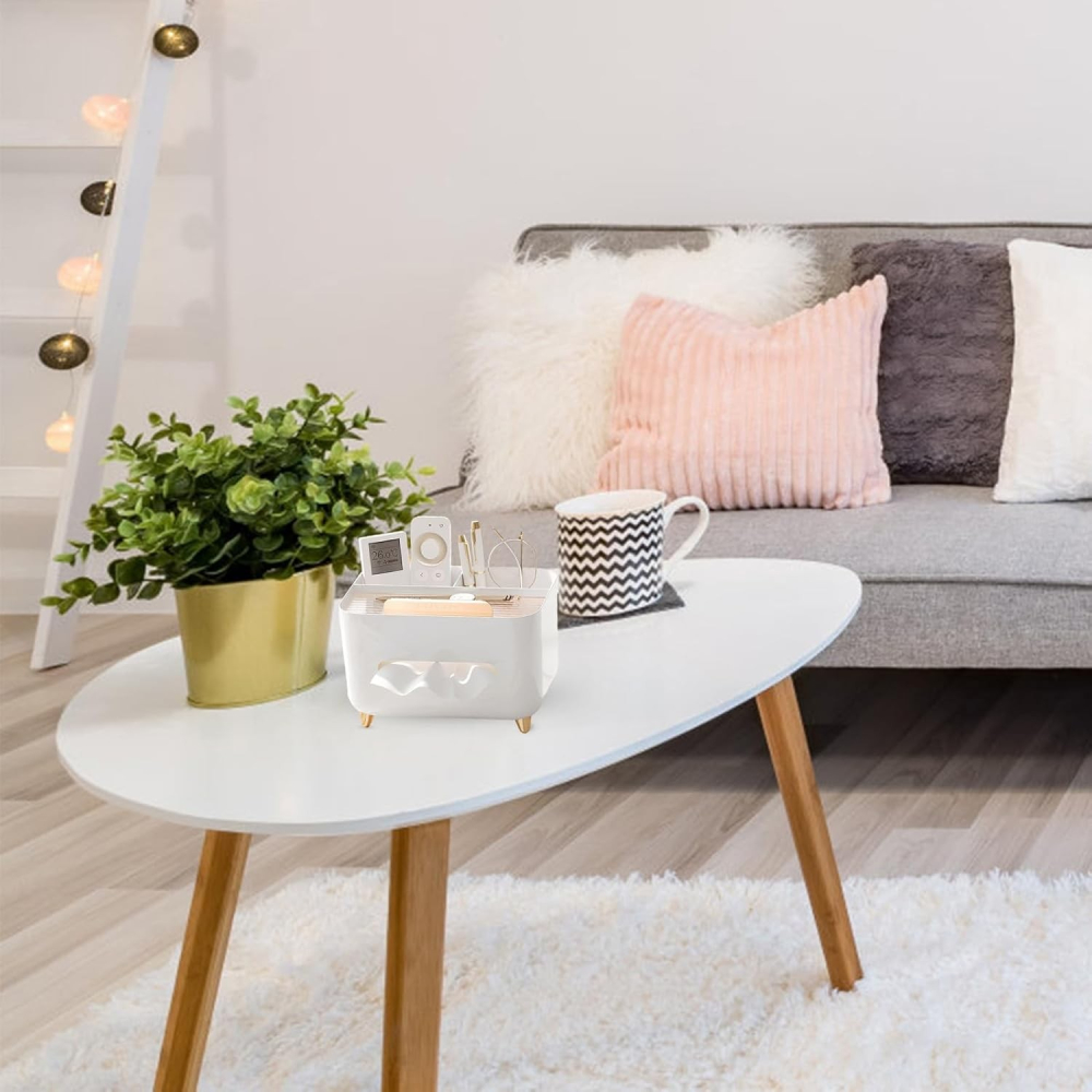 Suport pentru Servetele, Cutie Multifunctionala, Design Minimalist, ABS, cu Suport pentru Obiectele Personale, pentru Birou, 21x15x13 cm, Alb [6]