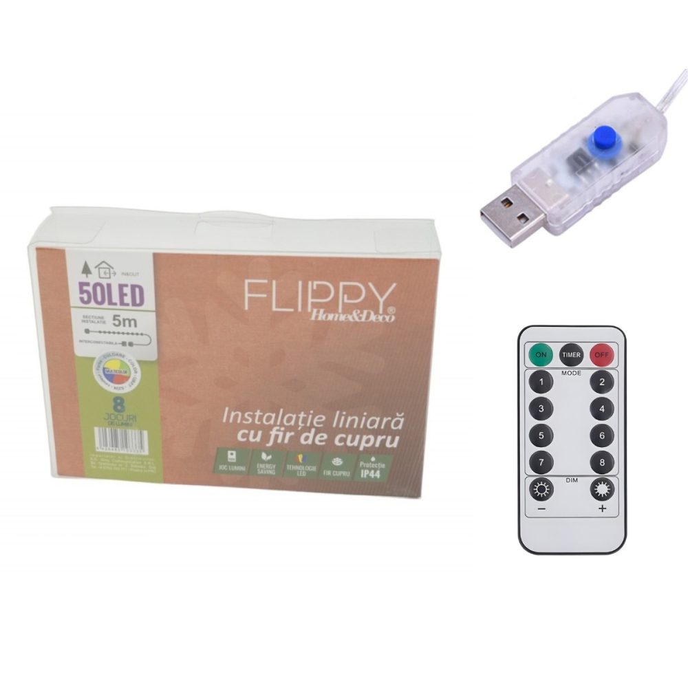 Instalatie de Craciun Liniara,®, Tip Liniara, Fir Cupru, 8 Jocuri de Lumini, cu Telecomanda, 5 m, 50 Led-uri, Alimentare USB, 4.5V, Multicolor [5]