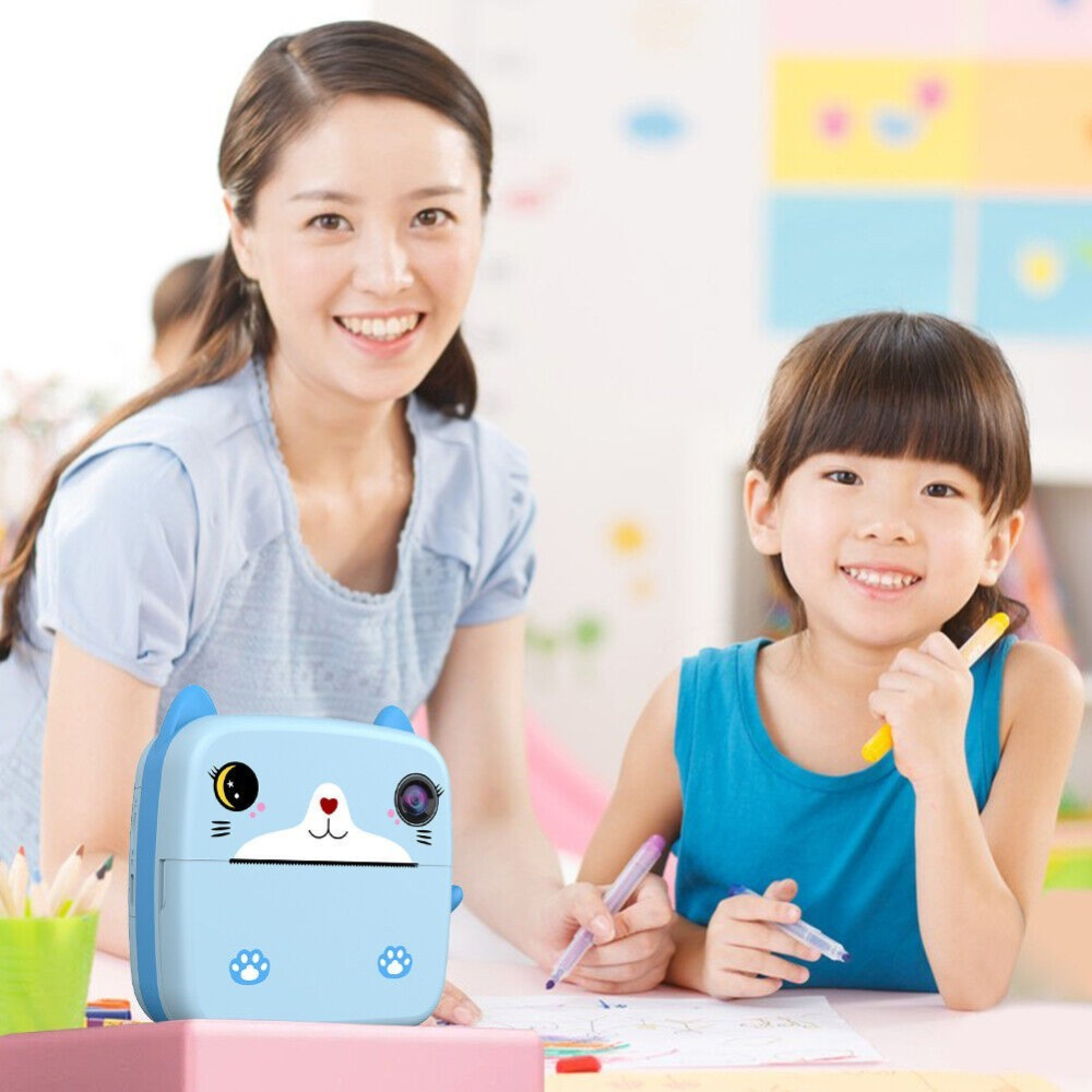 Camera Instantanee pentru Copii, cu Functie de Printare, Camera Frontala + Selfie, Cablu USB-C, Bluetooth, Compatibil iOS/Android, Imprimare APP, Model Pisica, Albastru [2]