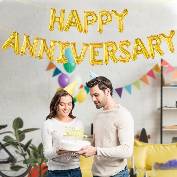 Set Baloane din Folie Metalizata, Model Happy Anniversary, Litere de 40 cm, Baloane Party, Ambalaj Individual, Pai Inclus, Umflare cu Aer sau Heliu, Auriu [5]