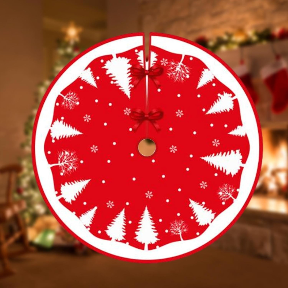 Covoras pentru Bradul de Craciun, din Tesatura Pufoasa, cu Fundite de Prindere, Model Brazi, Rosu/Alb, Diametru 90 cm [6]