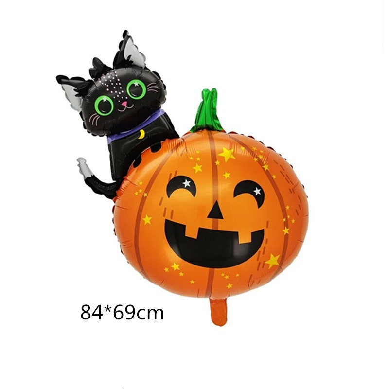 Set 5 Baloane din Folie Metalizata, Figurine, Tema Halloween, Pai Inclus, Ambalaj Individual, Umflare cu Aer sau Heliu, Figurina Dovleac si Pisica 84x69 cm, Stelute si Cerculete 45 cm, Multicolor [5]