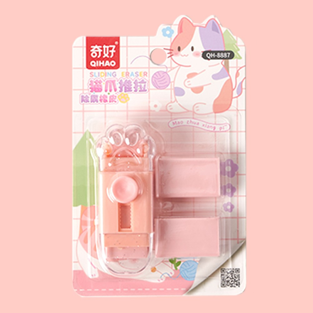 Radiera Retractabila, Model Pisica Push-Pull pentru elevii, Radiera de tip Push, Doua Radiere de Rezerva in set, Roz Pal [2]