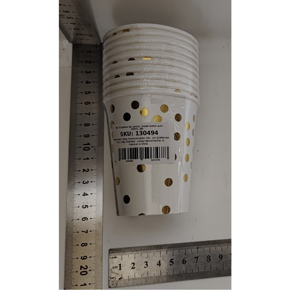 Set 10 Pahare, Imprimeu cu Buline, din Carton, 250 ml, 7.5 x 8.5 x 5.2 cm, Auriu [5]