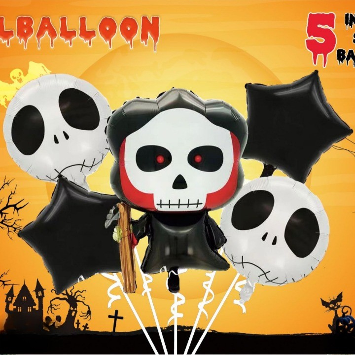 Set 5 Baloane din Folie Metalizata, Figurine, Tema Halloween, Pai Inclus, Ambalaj Individual, Umflare cu Aer sau Heliu, Figurina Craniu 50.5x74 cm, Stelute si Cerculete 45 cm, Alb-Negru [6]
