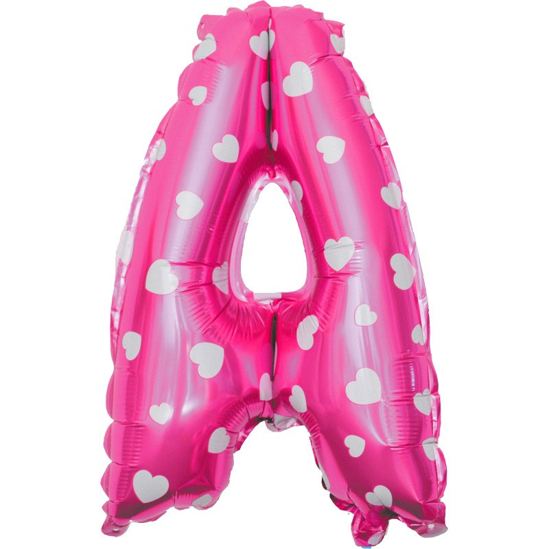 Balon Folie Metalizata Litera A, 40 cm, Cu Imprimeu Inimioare, Umflati cu Heliu sau Aer, Ambalaj Individual, Pai inclus, Roz [3]
