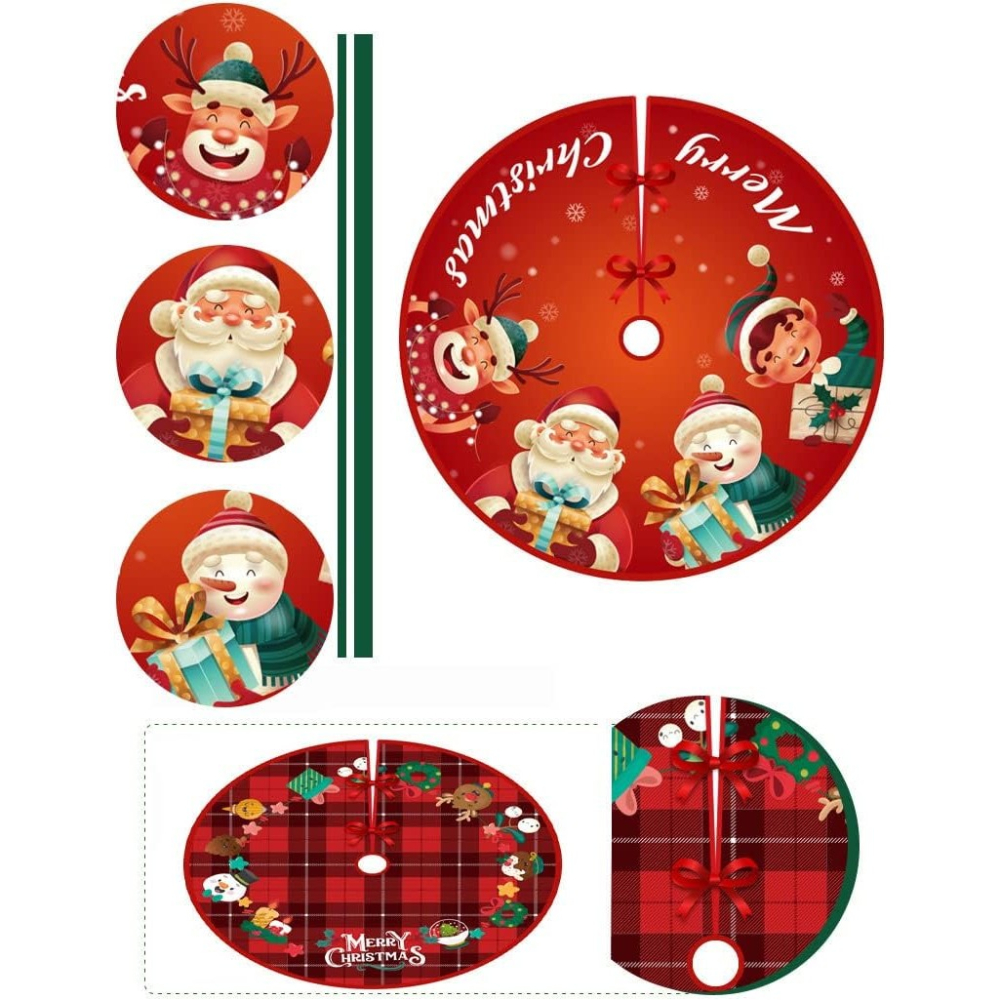 Covoras pentru Bradul de Craciun, din Tesatura Pufoasa, cu Fundite de Prindere, Model Mos Craciun si Ajutoarele, Rosu, Diametru 90 cm [3]