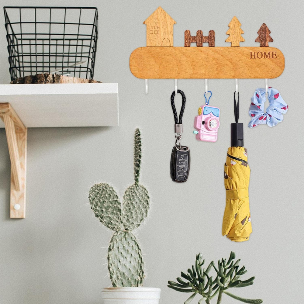 Suport pentru Chei, din Lemn, Aplicare fara Perforare, Adeziv Inclus, 5 Carlige Albe, Model Casuta, Greutate Suportata 5 kg, 13.5 x 23 cm, Maro [4]