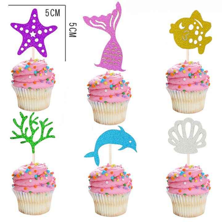 Set Toppere pentru Tort si Prajituri, Tematica Sirena, Model Mare Scris Happy Birthday 16.5x8.2 cm, 6 Toppere Mici Model Marin 5x5 cm, Multicolor [2]