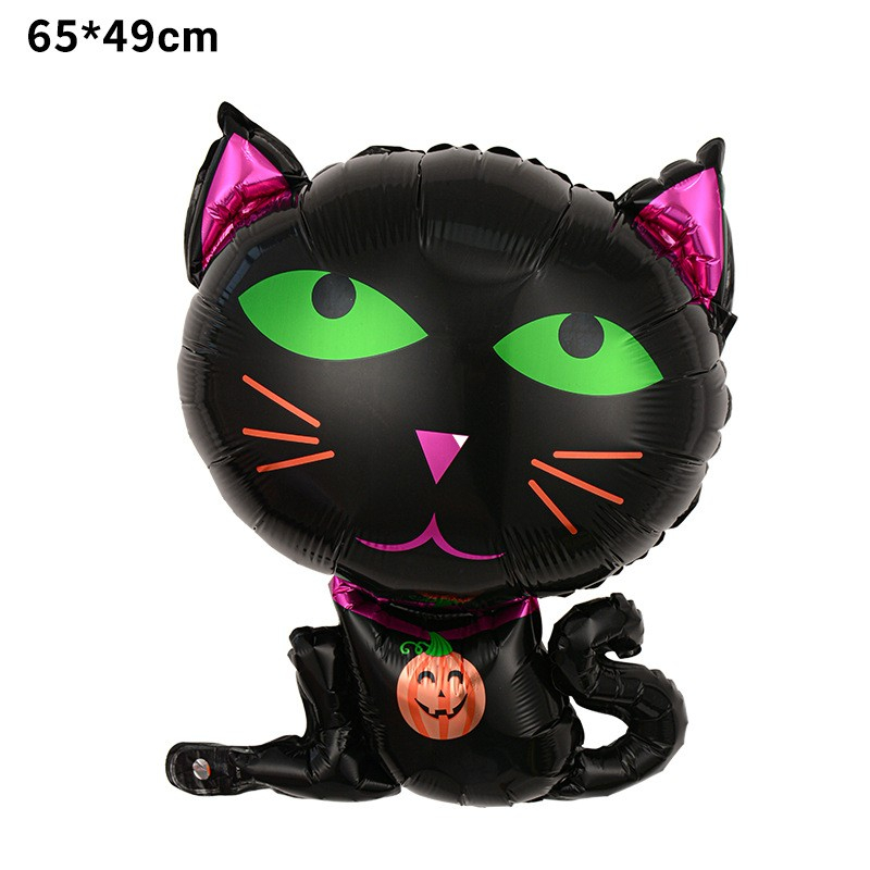Set 5 Baloane din Folie Metalizata, Figurine, Tema Halloween, Pai Inclus, Ambalaj Individual, Umflare cu Aer sau Heliu, Figurina Pisica 65x49 cm, Stelute si Cerculete 45 cm, Negru [5]