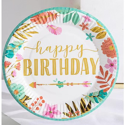 Set 10 Farfurii Unica Folosinta, Imprimeu Happy Birthday Frunze, din Carton, Diametru 18 cm, Multicolor [3]