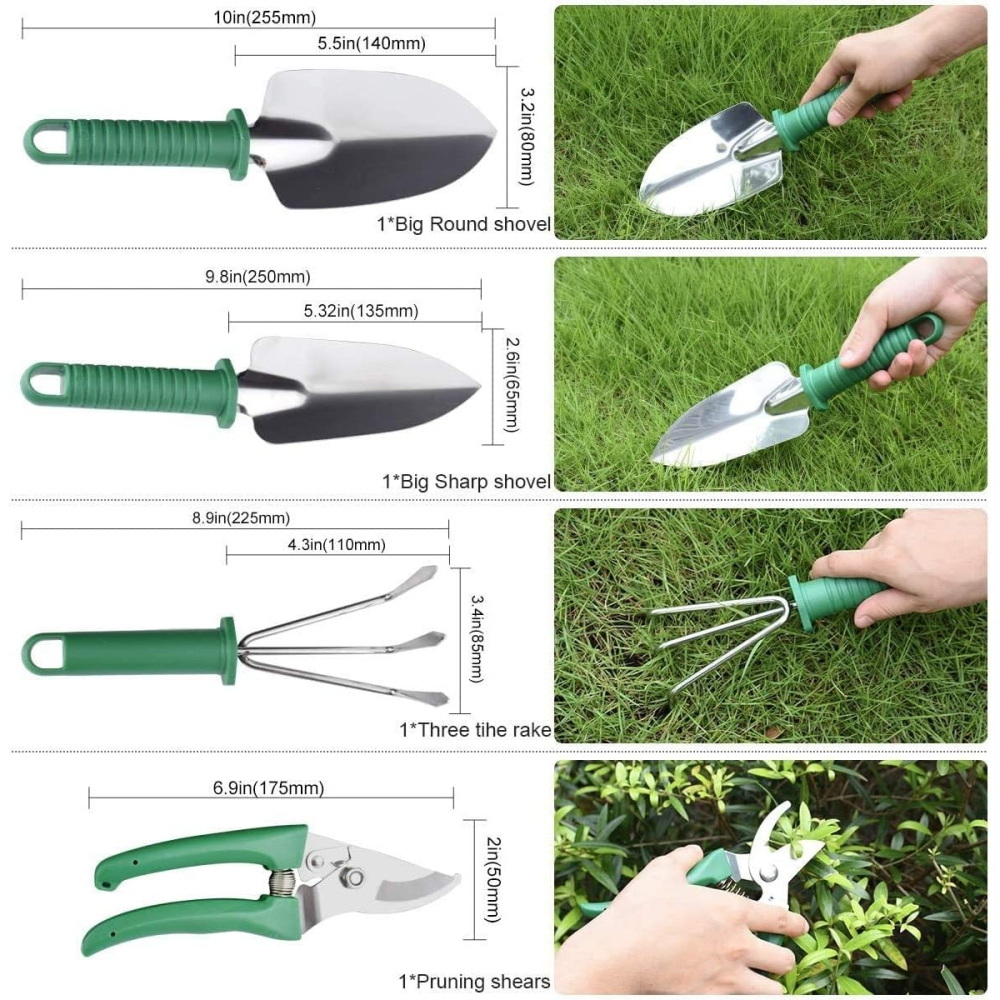 Set 10 Unelte de Gradina, pentru Plantare Prelucrare Sol si Ingrijire Plante, Manere Verzi, Material PVC si Otel Inoxidabil, Cutie Inclusa, 37x28x7 cm, Negru [3]
