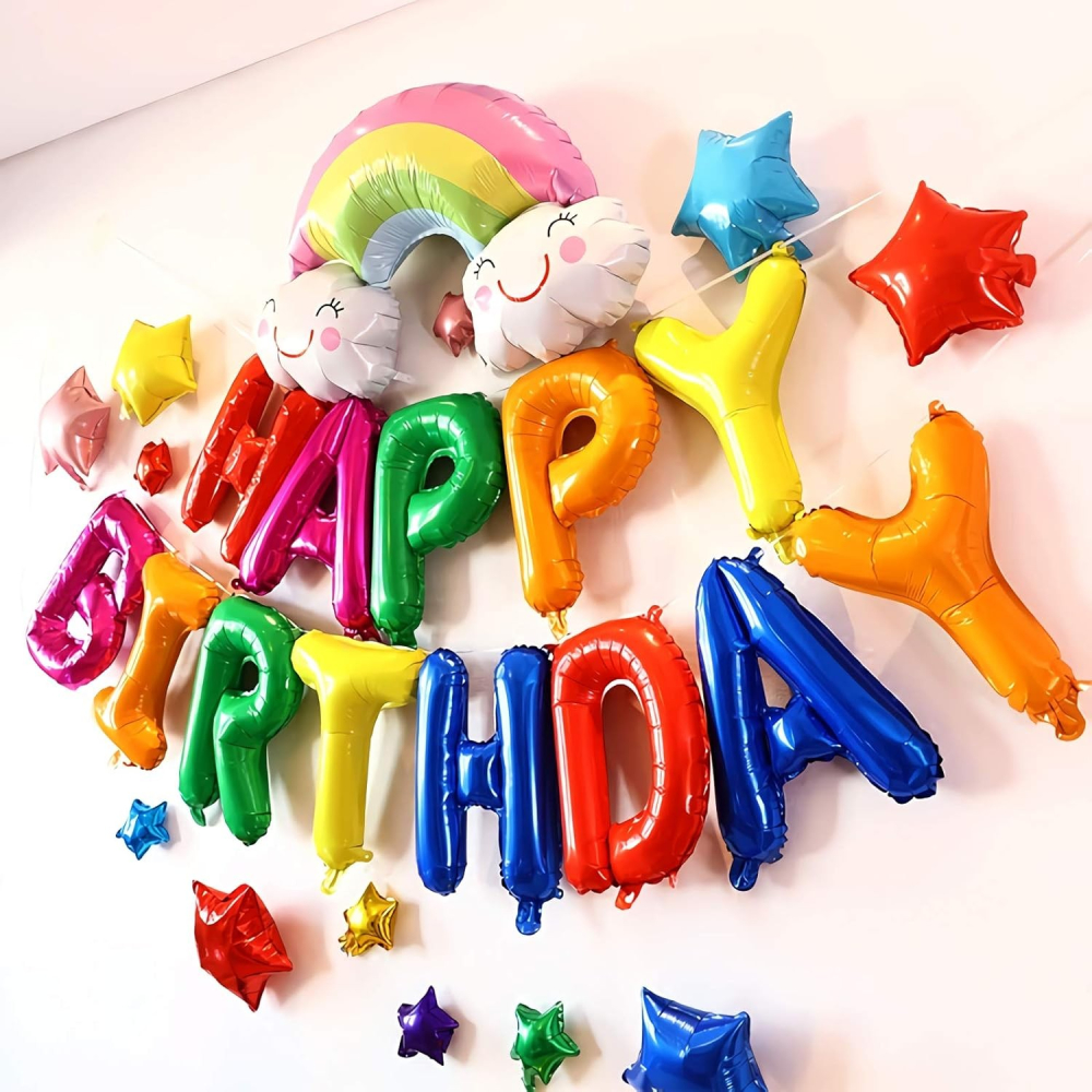 Set Baloane din Folie Metalizata, Model Happy Birthday, Litere de 40 cm, Baloane Party, Ambalaj Individual, Pai, Ata si Adeziv Incluse, Umflare cu Aer sau Heliu, Multicolor [4]