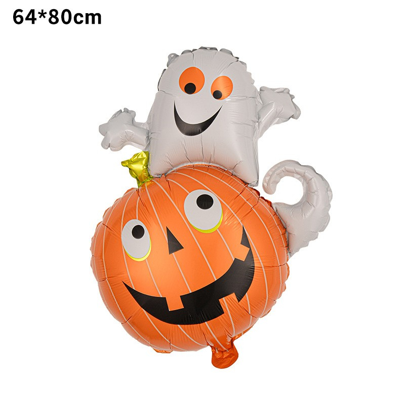 Set 5 Baloane din Folie Metalizata, Figurine, Tema Halloween, Pai Inclus, Ambalaj Individual, Umflare cu Aer sau Heliu, Figurina Dovleac cu Fantoma 64x80 cm, Stelute si Cerculete 45 cm, Multicolor [7]