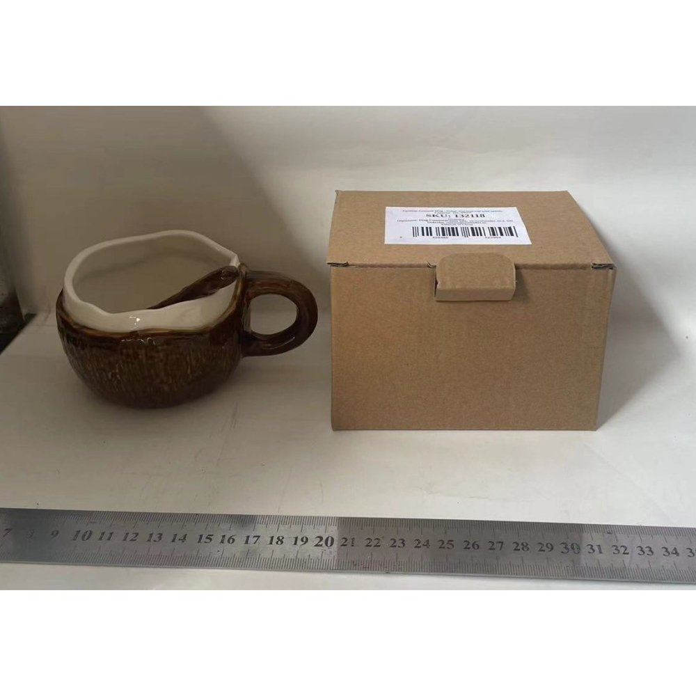 Cana din Ceramica, 201-300 ml, cu Lingurita, Model Nuca de Cocos, Maro [2]