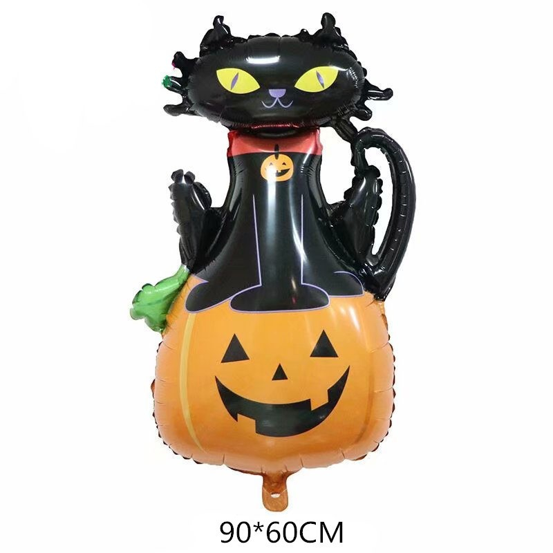 Set 5 Baloane din Folie Metalizata, Figurine, Tema Halloween, Pai Inclus, Ambalaj Individual, Umflare cu Aer sau Heliu, Figurina Dovleac si Pisica 90x60 cm, Stelute si Cerculete 45 cm, Portocaliu-Negru [3]