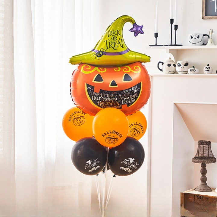 Set 5 Baloane din Folie Metalizata, Figurine, Tema Halloween, Pai Inclus, Ambalaj Individual, Umflare cu Aer sau Heliu, Figurina Dovleac 54x87 cm, Stelute si Cerculete 45 cm, Multicolor [3]